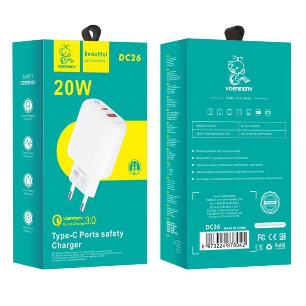 Kućni punjač Denmen DC26 fast 20W USB-A + Type C